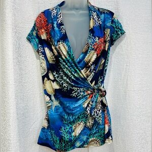 Gorgeous NWT Vintage Cache Wrap Top L Beach Ocean Reef Seashell Seashells